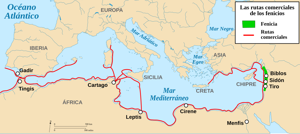 En la imagen se puede apreciar la extensión de las rutas comerciales fenicias a lo largo del mediterráneo.